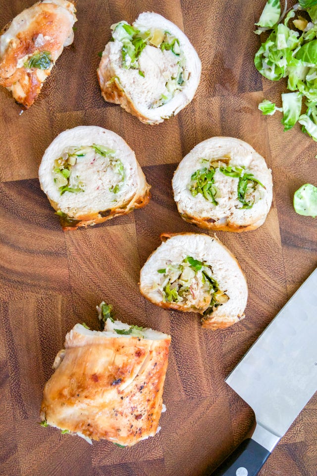 chicken roulade stuffed with brussels sprouts, walnuts, and pecorino