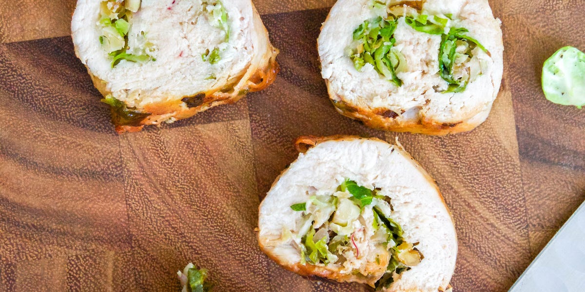 Chicken Roulade Stuffed with Brussels Sprouts, Walnuts, and Pecorino