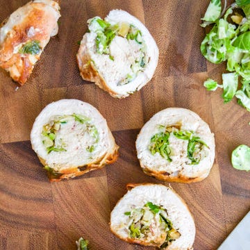 chicken roulade stuffed with brussels sprouts, walnuts, and pecorino