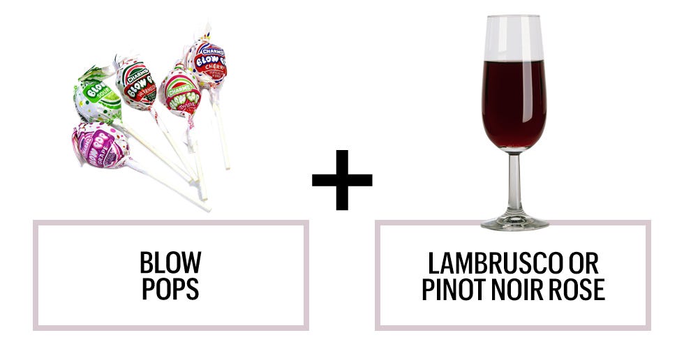 <p>The berry flavor of Blow Pops will work well with either Pinot Noir Rose (as Mekis recommends) or a sparkling red Lambrusco (as Breitkreutz recommends). All feature berry flavors, meaning they all work well together. Score.</p><p><strong>Recommended wines: </strong><span class="redactor-invisible-space">Antica "Angelica" Terra Pinot Noir Rose 2012 or Carafoli Lambrusco Toccacielo 2012</span></p>
