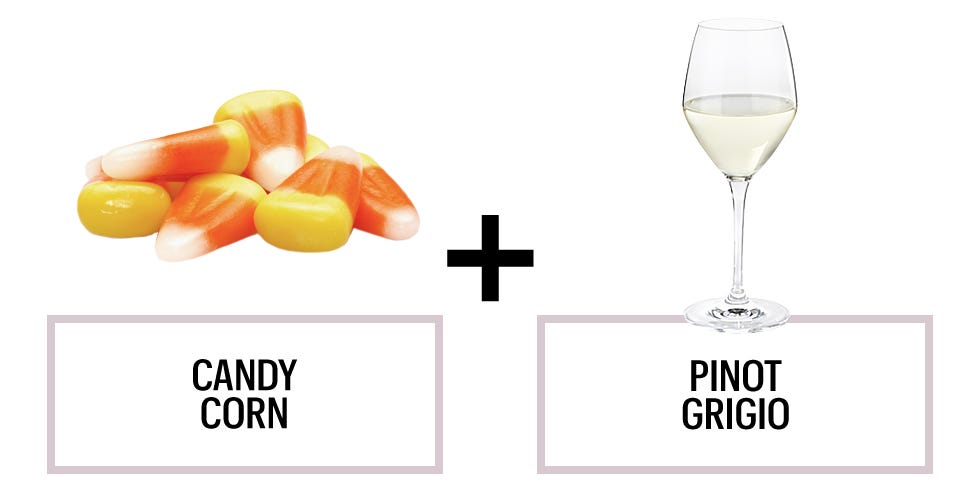 <p>Candy corn has a slightly syrupy texture that pairs awesomely with a buttery Pinot Grigio because it has a refreshing finish, says Breitkreutz. </p><p><strong>Recommended wine: </strong><span class="redactor-invisible-space">Kim Crawford Favourite Homestead Pinot Gris</span></p>