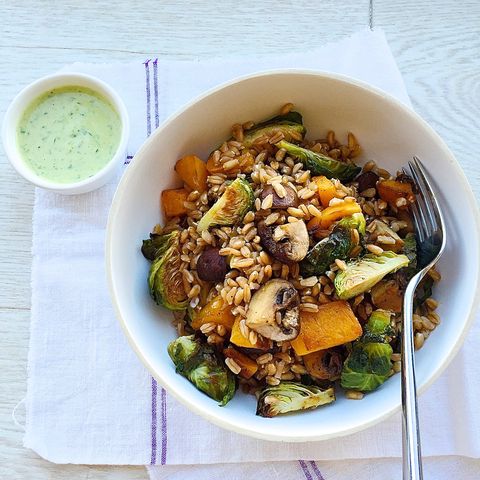 farro salad with roasted fall vegetables and green tahini dressing
