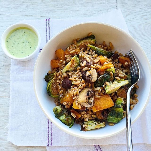 farro salad with roasted fall vegetables and green tahini dressing