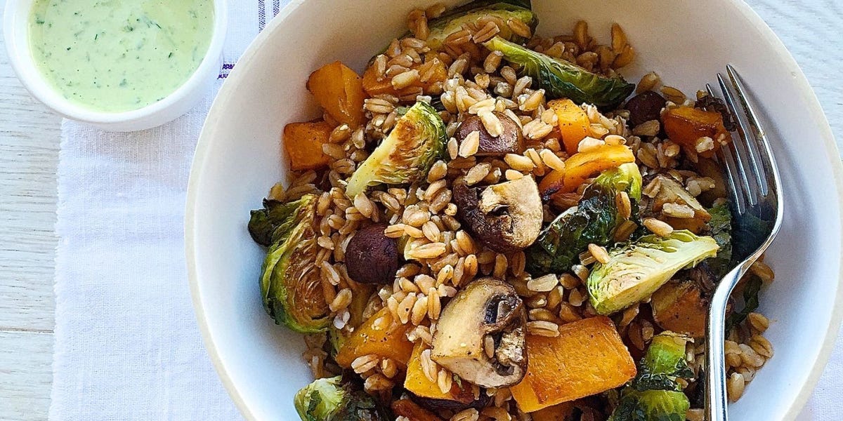 Roasted Fall Veggie Bowl with Green Tahini Sauce