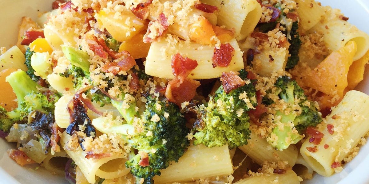 Cheesy Rigatoni with Roasted Broccoli, Butternut Squash, and Bacon