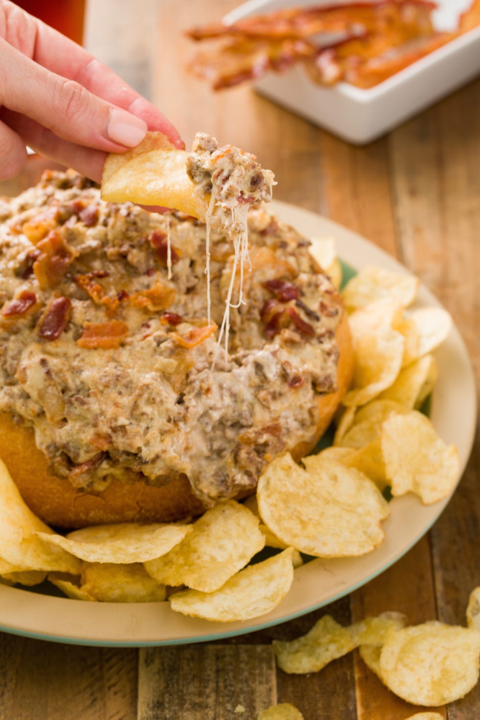 delish bread bowl dip bacon burger