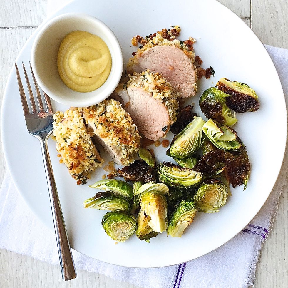 roasted pork tenderloin with dijon herb breadcrumbs and brussels sprouts