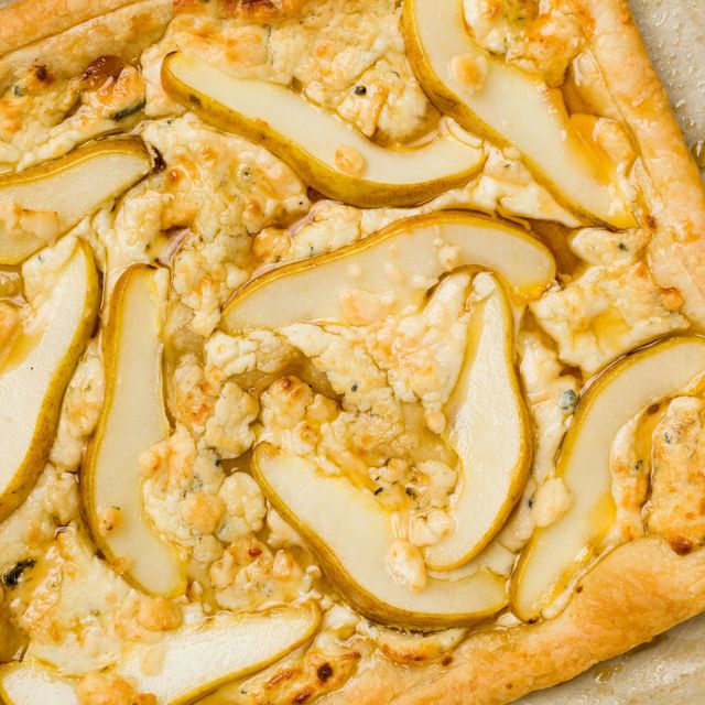 pear, blue cheese, and maple puff pastry tarts