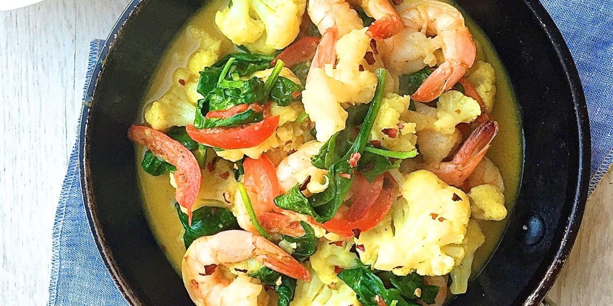 Coconut Shrimp Curry with Cauliflower, Red Pepper, and Spinach