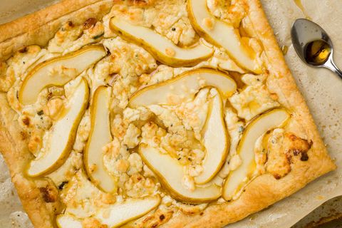 pear, blue cheese, and maple puff pastry tarts