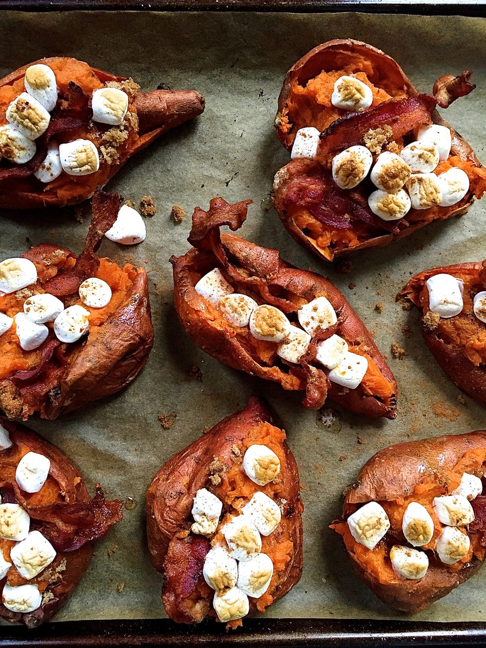 twice baked sweet potatoes with bacon  brown sugar  and marshmallows