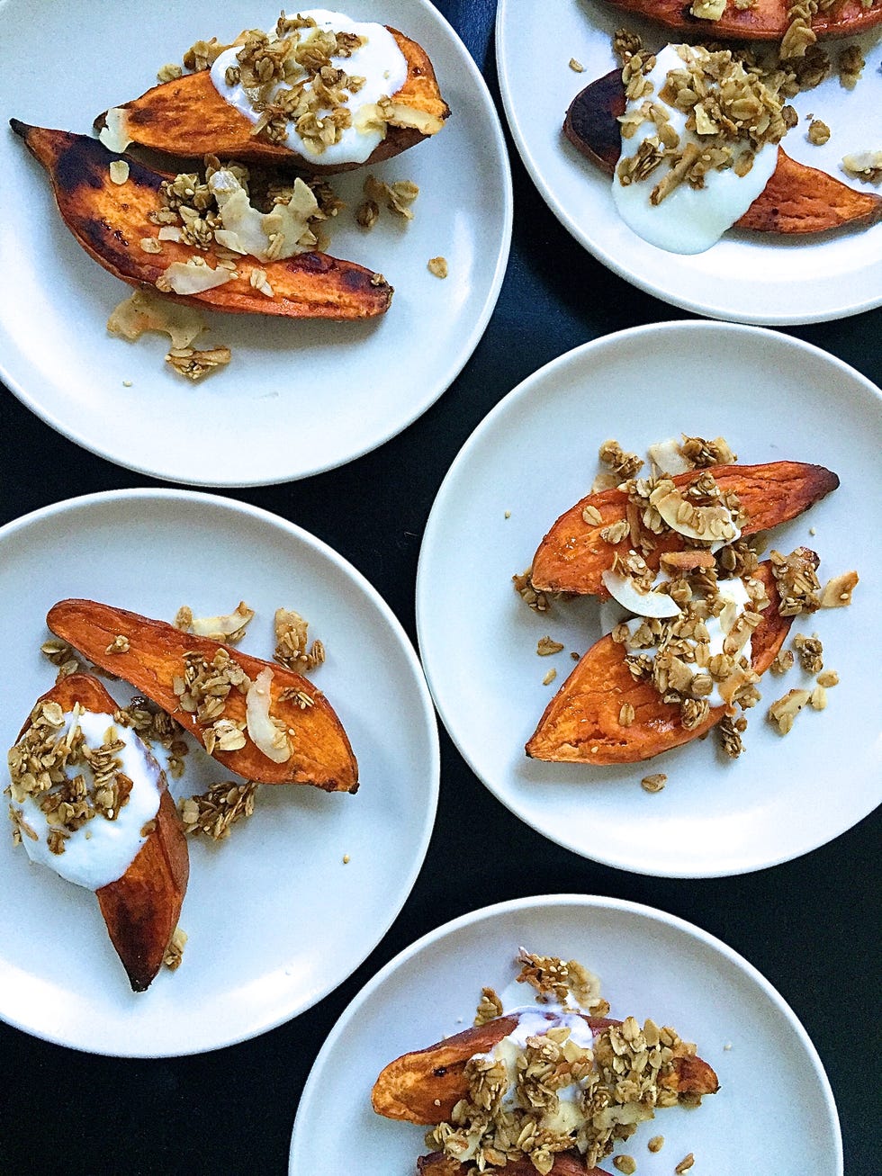 roasted yams with brown butter granola and maple yogurt