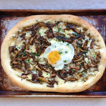 wild mushroom pizza with fontina and egg