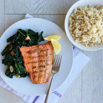 soy glazed grilled salmon with brown rice and sauteed kale
