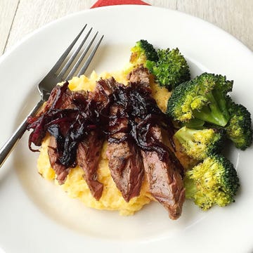 Grilled Skirt Steak with Balsamic-Glazed Red Onions, Polenta and Roasted Broccoli