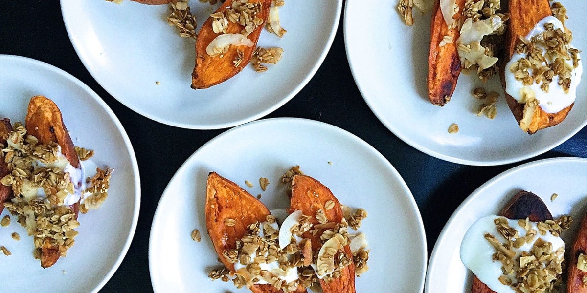 Roasted Yams with Brown Butter Granola and Maple Yogurt