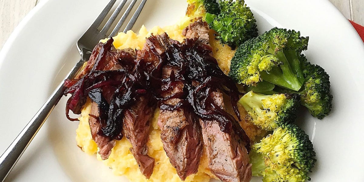 Skirt Steak with Balsamic-Glazed Onions and Creamy Polenta