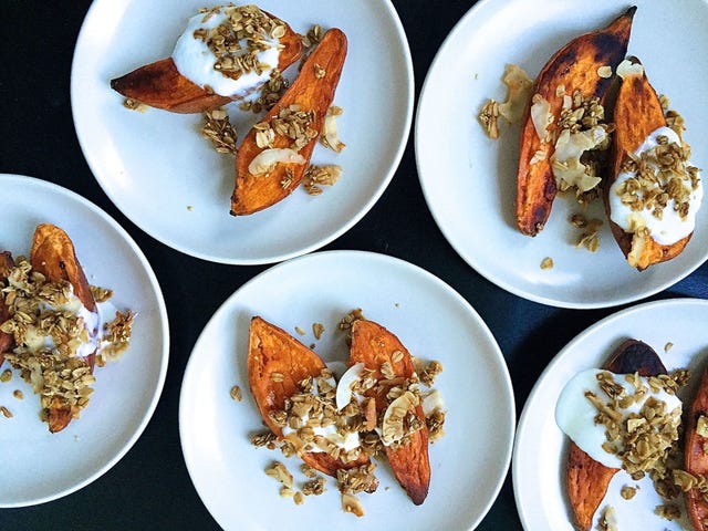 Roasted Yams with Brown Butter Granola and Maple Yogurt - Delish.com roasted yams with brown butter granola and maple yogurt