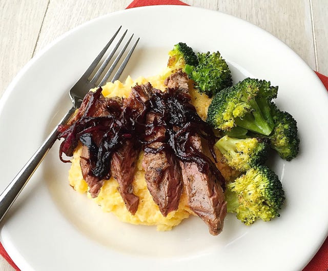 Grilled Skirt Steak with Balsamic-Glazed Red Onions, Polenta and Roasted Broccoli