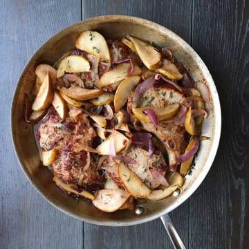 pork chop skillet with pear, red onion, and thyme