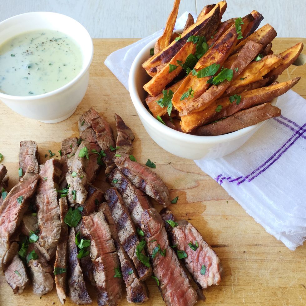 Best Steak With Creamy Blue Cheese Sauce And Sweet Potato Fries Recipe How To Make Steak With