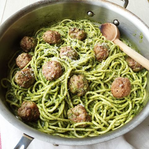 Spaghetti with Kale Pesto and Sausage Meatballs