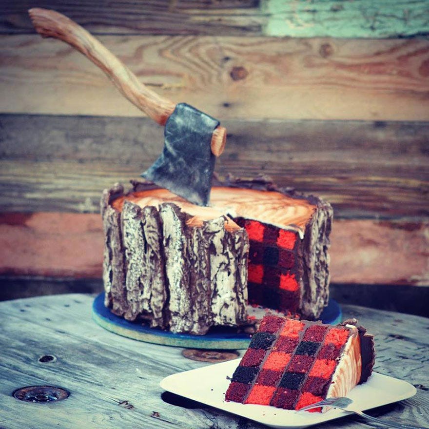 Wood, Tartan, Plaid, Axe, Still life photography, Splitting maul, Dessert, Throwing axe, Tree stump, 