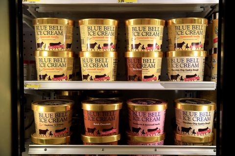 Blue Bell ice cream cartons in supermarket freezer