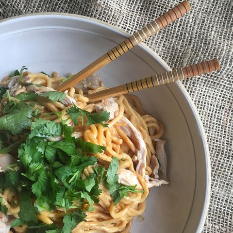 coconut peanut noodles with shredded chicken