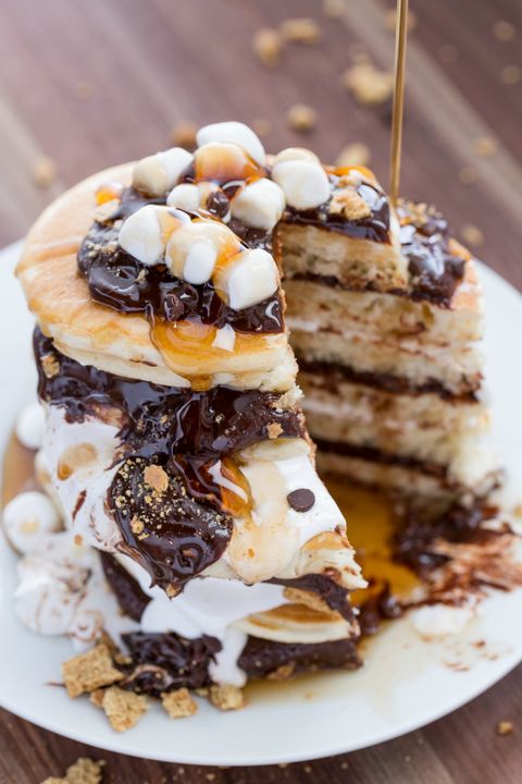 S'mores Pancakes Covered in Syrup
