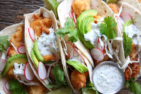 Beer Battered Fish Tacos with Jalapeno Cilantro Crema