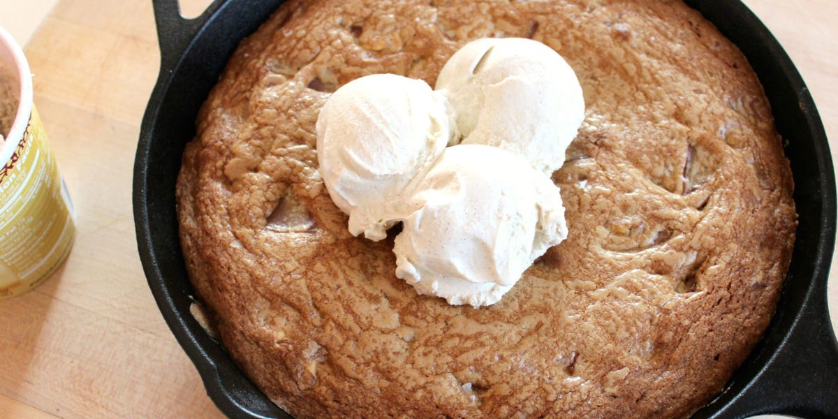 Giant Chocolate Chunk Skillet Cookie with Sea Salt and Vanilla Ice Cream