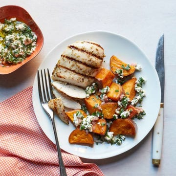 Chicken with Sweet Potatoes and Feta Salsa Verde
