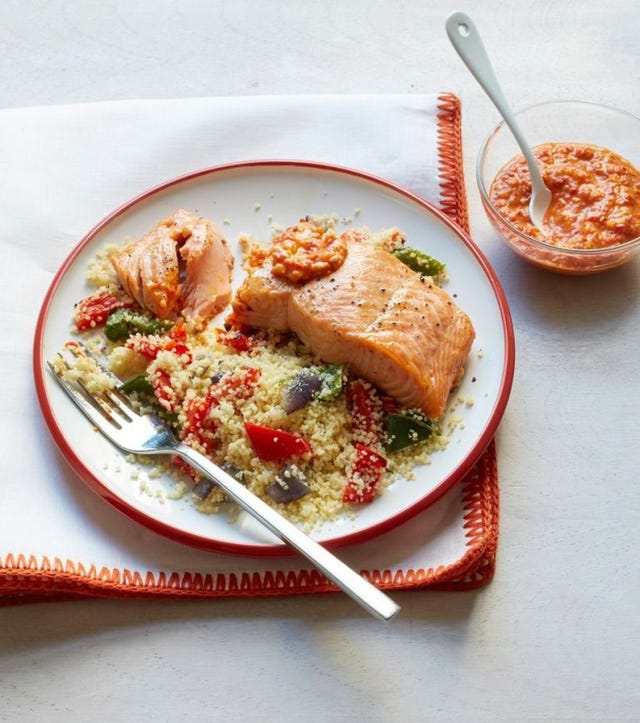 Broiled Salmon and Peppers with Romesco Sauce Broiled Salmon and Peppers with Romesco Sauce