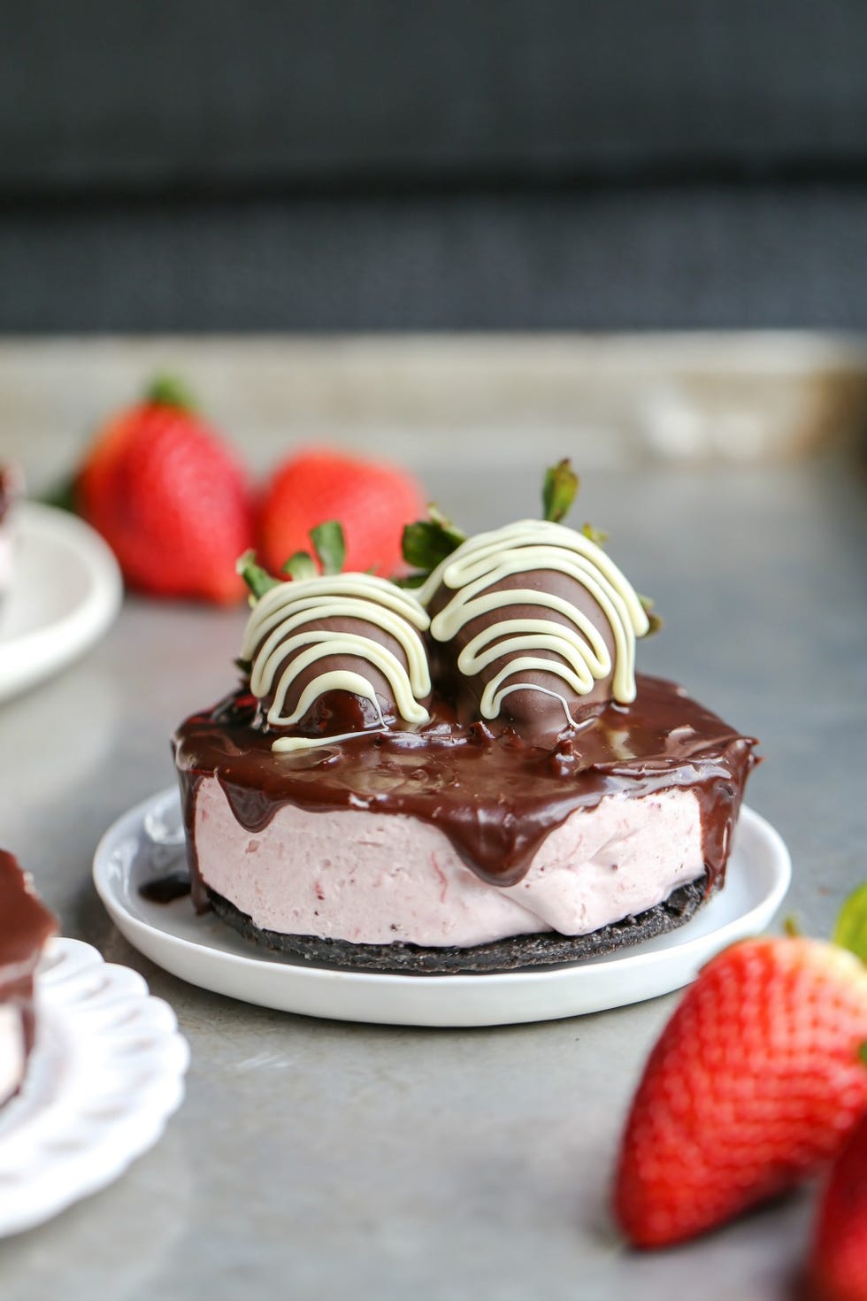 Mini No-Bake Chocolate Covered Strawberry Cheesecakes