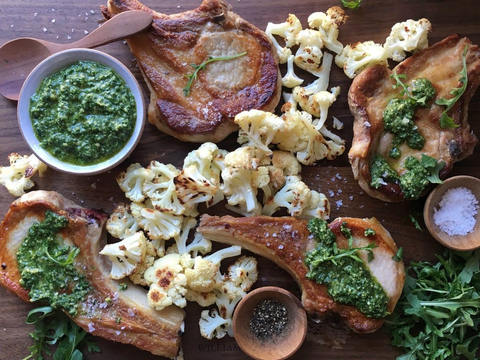 Pork Chops with Arugula Pesto and Roasted Cauliflower