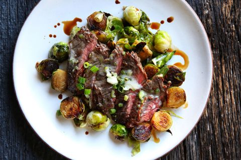 Skirt Steak with Scallion Butter and Roasted Brussels Sprouts