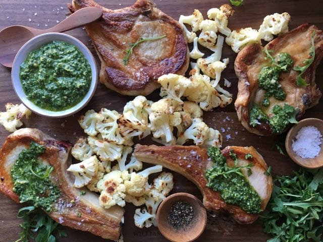 Pork Chops with Arugula Pesto and Roasted Cauliflower Pork Chops with Arugula Pesto and Roasted Cauliflower