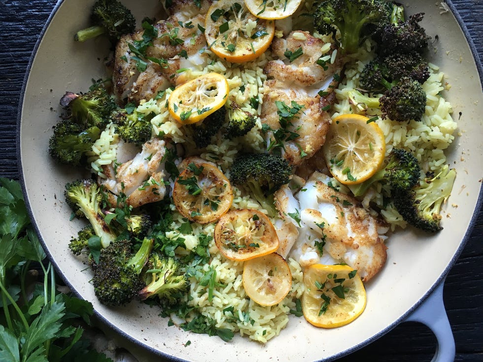 ginger lemon cod with roasted broccoli and rice