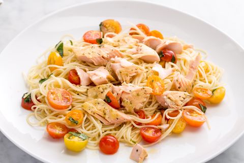 garlicky angel hair with salmon and tomatoes