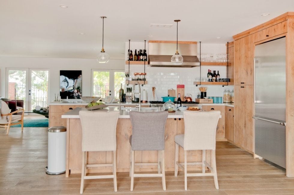 Wood, Floor, Room, Flooring, Interior design, Furniture, Ceiling, Light fixture, Hardwood, Countertop, 