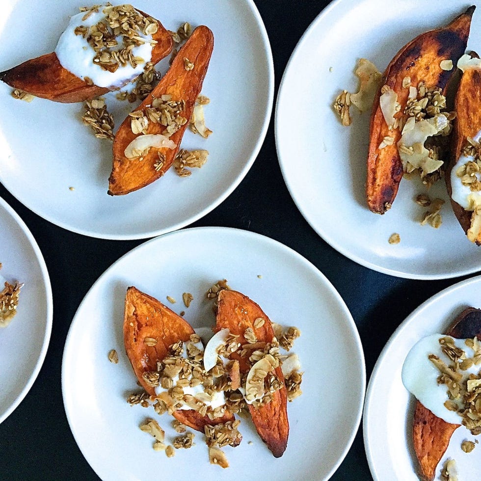 roasted yams with brown butter granola and maple yogurt