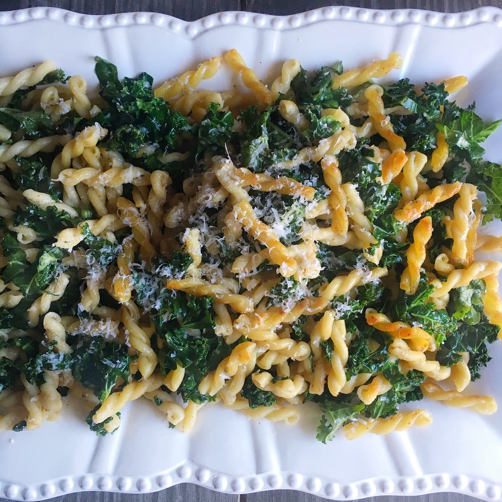 Recipe for Crispy Brown Butter Gemelli with Shredded Kale.