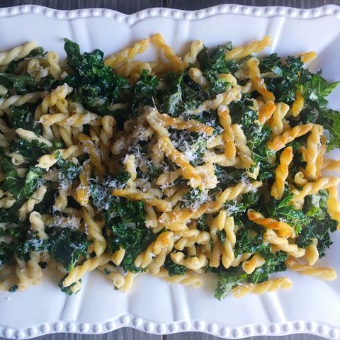 Recipe for Crispy Brown Butter Gemelli with Shredded Kale.