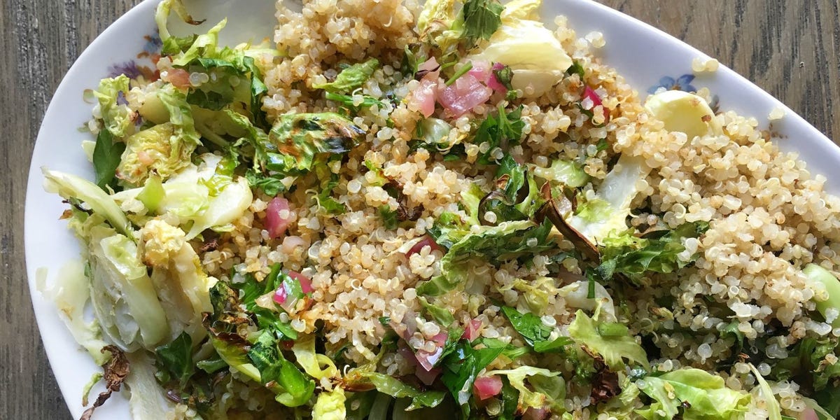 Roasted Brussels Sprouts & Quinoa with Warm Red Onion Vinaigrette