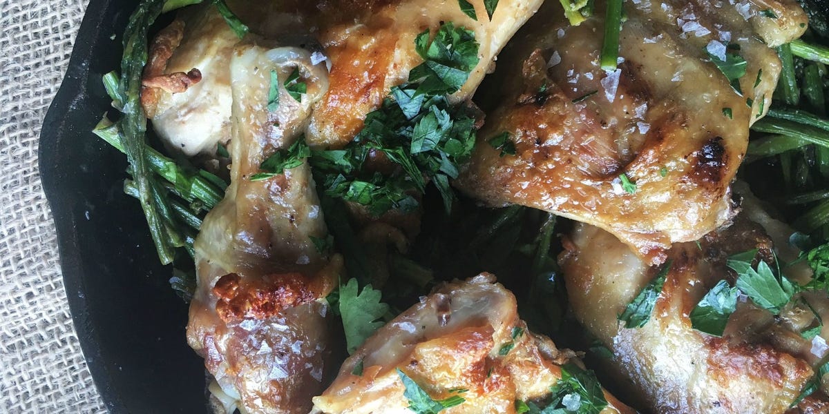 Skillet Roast Chicken with Asparagus and White Wine Sauce