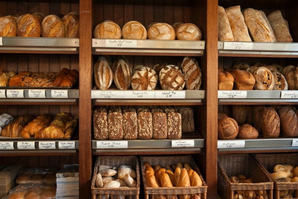 Food, Bread, Bakery, Gluten, Staple food, Sourdough, Biga, Shelf, Brown bread, Baking, 