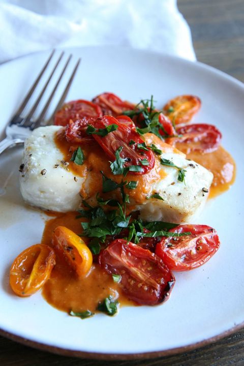 Roasted Cod with Tomato Cream Sauce Recipe - Delish.com