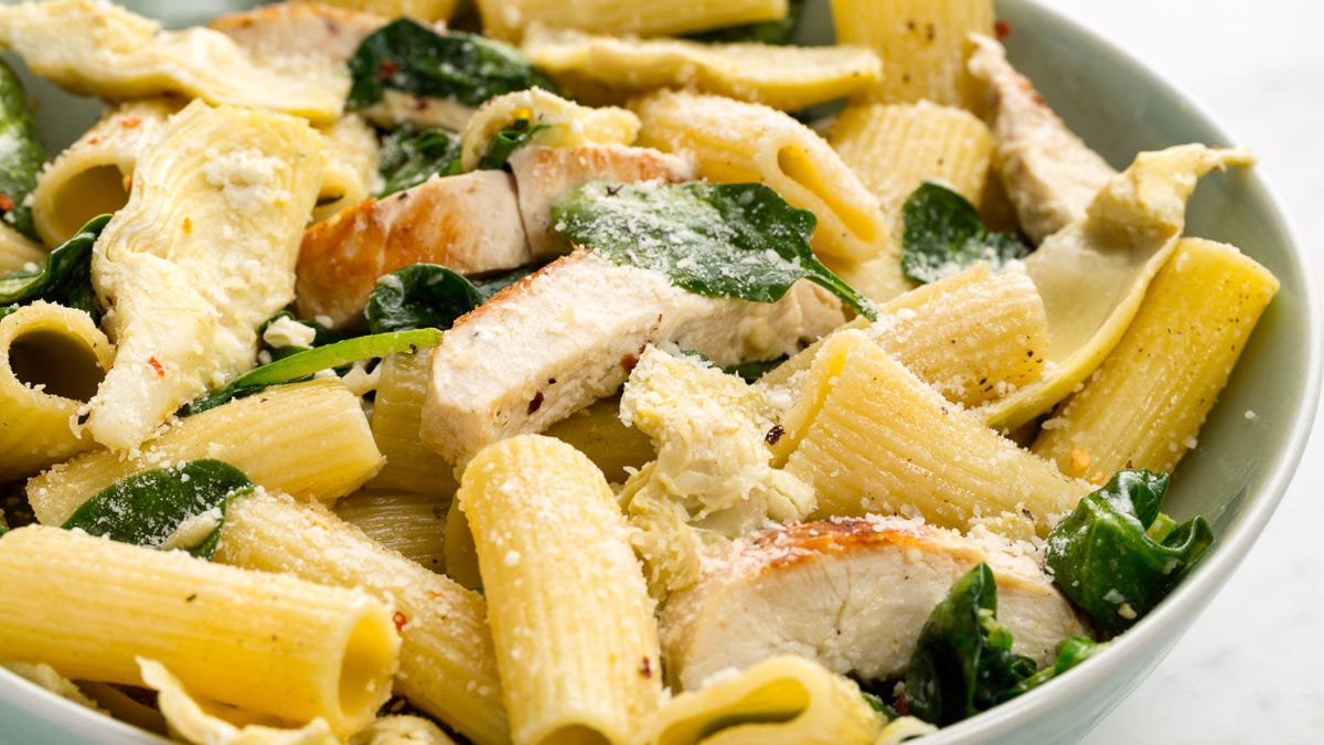 Video player poster image preview for Chicken, Spinach & Artichoke Pasta