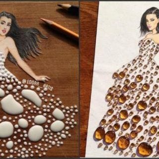Hair, Dress, Pattern, Style, Formal wear, Amber, Fashion, One-piece garment, Art, Waist, 